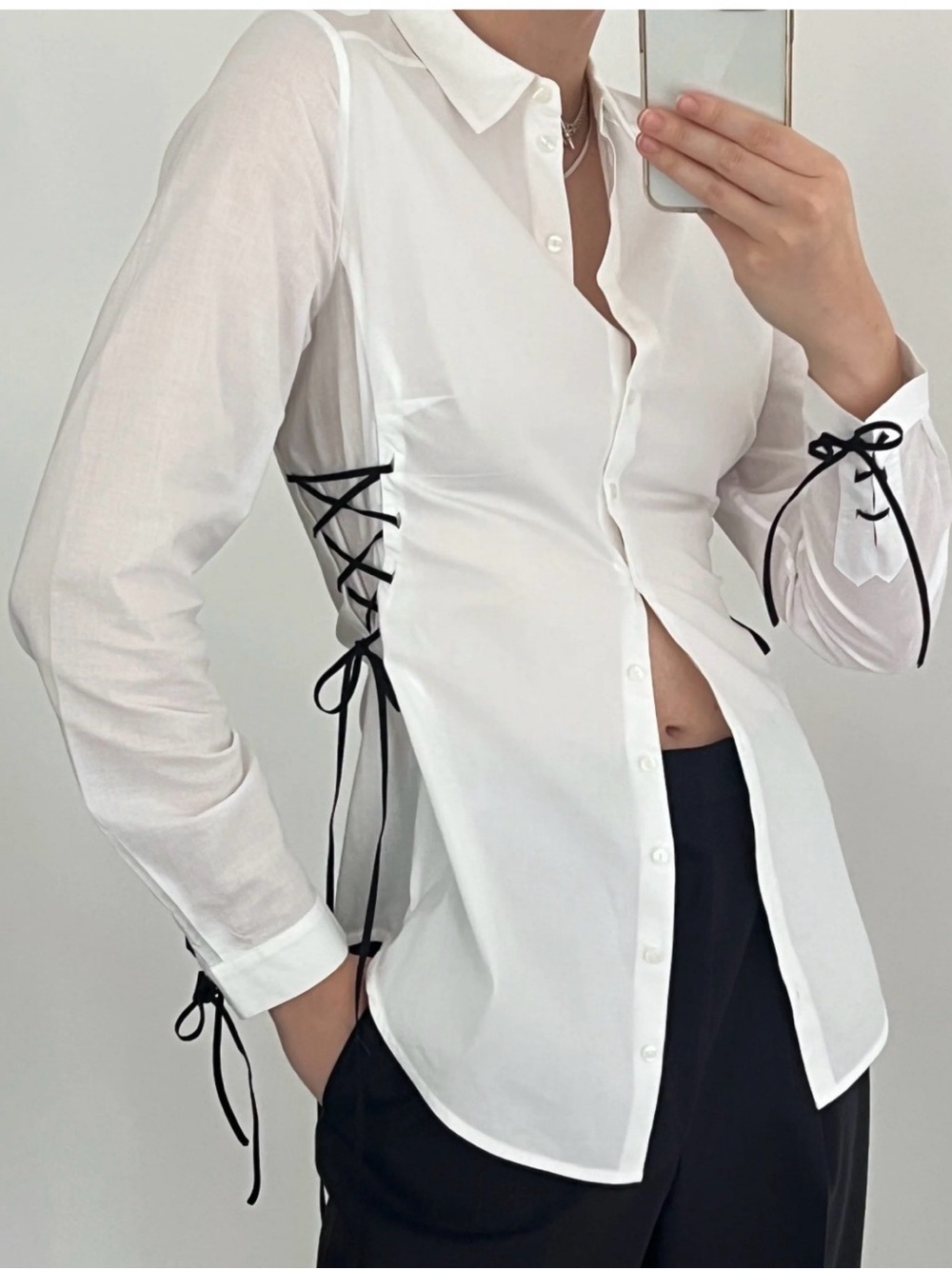 Vintage Anne Fontaine White black ribbon lace up / Button-Up Blouse S/36